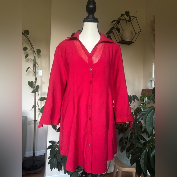 zoé Tops - Vintage Zoé Red Tunic Top with Sheer Mesh Cutout and Tie Sleeves